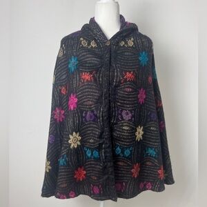 The Pyramid Collection Black Bright Floral Print Hooded Poncho Cape One Size